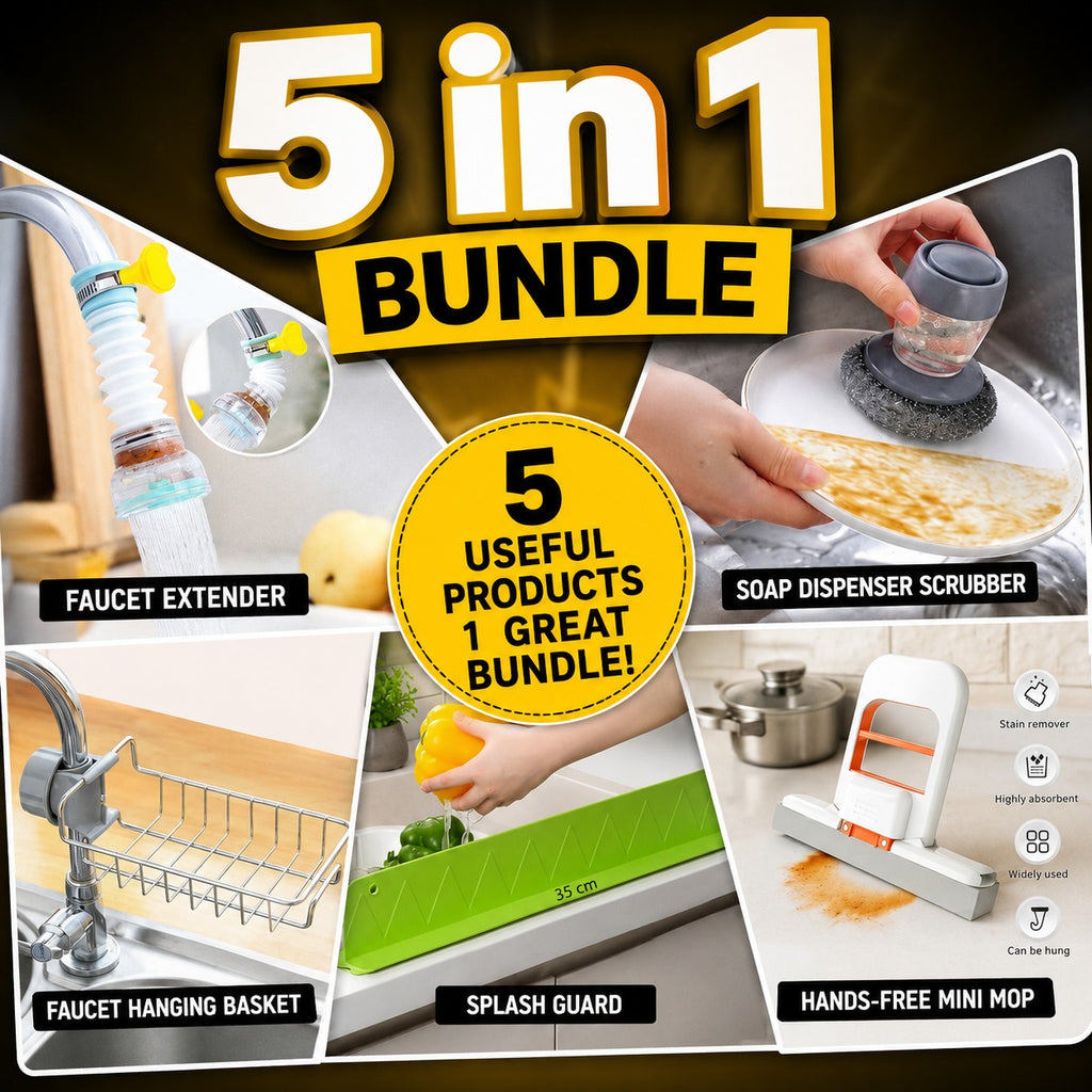 5-in-1 Ultimate Kitchen Cleaning & Sink Organizer Bundle – Faucet Extender, Soap Dispensing Scrubber, Faucet Caddy Rack, Splash Guard with suction cups & Mini Hand Squeeze Mop